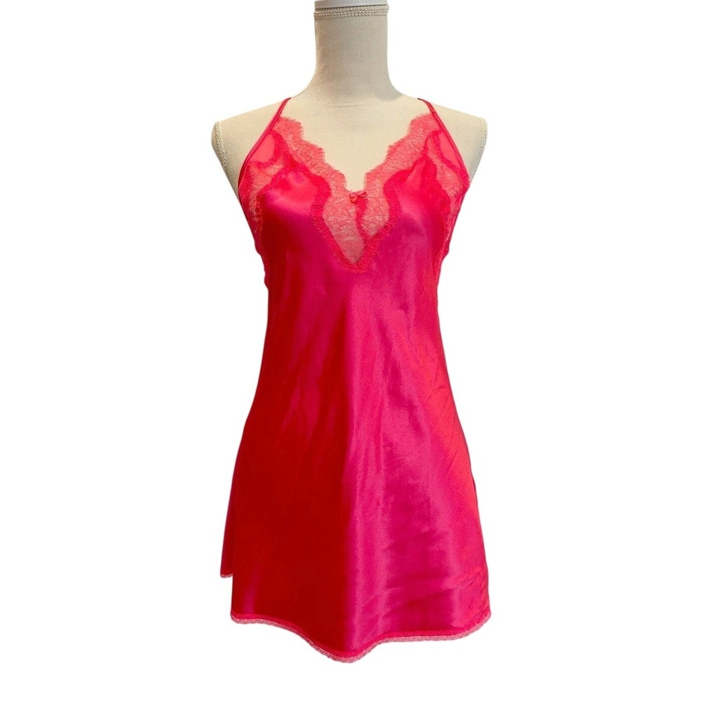 Victoria's Secret Pink Satin Lace-Trim Plunge Babydoll Slip Dress Small Romantic